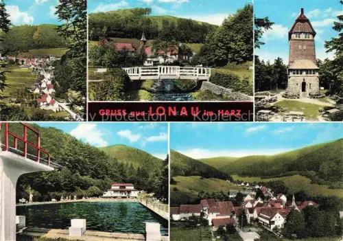 AK / Ansichtskarte Lonau Herzberg Harz Osterode Niedersachsen Ortspanorama Bruecke Bach Aussichtsturm Freibad Mehrbildkarte Bergtal Haeuser