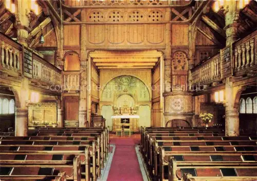 AK / Ansichtskarte Hahnenklee-Bockswiese Harz Gustav-Adolf-Kirche Stabkirche Kircheninnenraum Altar Holzschnitzerei Kirchenbaenke Empore Mosaik