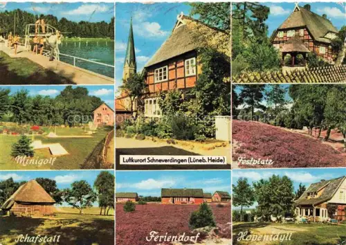 AK / Ansichtskarte Schneverdingen Soltau-Fallingbostel Niedersachsen Minigolf Kirche Fachwerkhaus Festplatz Schafstall Feriendorf Heide Lueneburger-Heide Mehrbildkarte