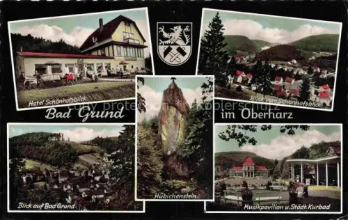 AK / Ansichtskarte Bad Grund Harz Osterode Niedersachsen Hotel-Schoenhofsblick Huebichenstein Musikpavillon Kurbad Oberharz Wald Felsen Panorama