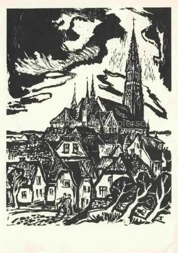 AK / Ansichtskarte SCHLESWIG-CITY Holstein Dom Holzschnitt Kirchturm Fachwerkhaeuser Baeume Gerhart-Bettermann Radfahrer Kunstkarte