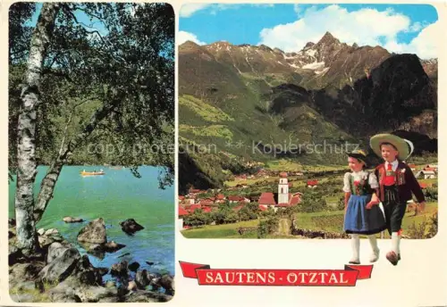 AK / Ansichtskarte Sautens oetztal Tirol AT Piburgersee Acherkogl Tracht Kinder Dorf Berge See Birke Mehrbildkarte
