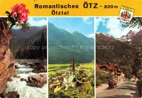 AK / Ansichtskarte Oetz oetz Tirol AT Wasserfall Dorfansicht Kirche Oetztal Pferdefuhrwerk Hauptstrasse Gebirge Almrosen