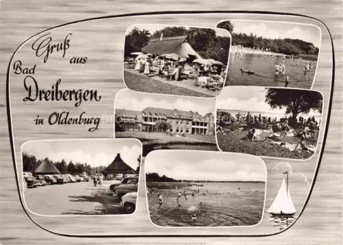 AK / Ansichtskarte Bad Dreibergen Bad Zwischenahn Ammerland Niedersachsen Strandcafé Reetdach Badestrand Kurhaus Schwimmer Segelboot Parkplatz Badegaeste See