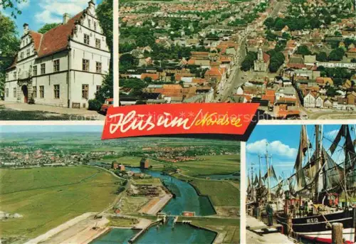 AK / Ansichtskarte HUSUM  Nordfriesland Norsee Schleswig-Holstein Rathaus Fischkutter Hafen Stadtluftbild Schleuse Nordsee Fischerboote Renaissance