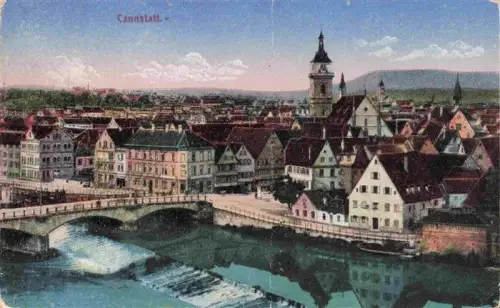 AK / Ansichtskarte Cannstatt Bad STUTTGART Neckar Bruecke Altstadt Kirchturm Stadtpanorama Fachwerkhaeuser Wehr