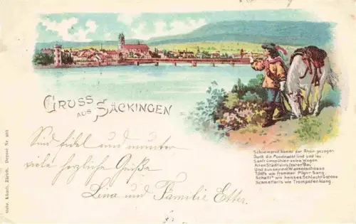 AK / Ansichtskarte Saeckingen Bad Baden BW Rhein Bruecke Stadtansicht Trompeter-von-Saeckingen Pilger Pferd Gedicht Lithographie