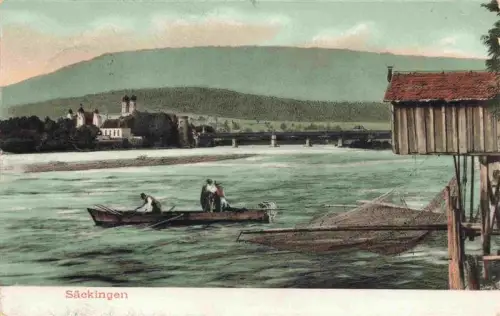 AK / Ansichtskarte Bad Saeckingen BW Rhein Fischer Boot Fischerhaus Bruecke Kirche Stadtpanorama Handkolorierung