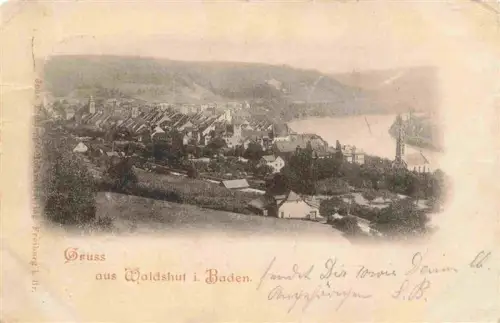 AK / Ansichtskarte Waldshut-Tiengen Stadtpanorama Rhein Bruecke Kirche Daecher Fabrikschornstein Fluss Huegel