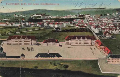 AK / Ansichtskarte TueBINGEN BW Infanteriekaserne Exerzierplatz Soldaten Kaserne Stadtpanorama Neckar Kasernenanlage Handkolorierung