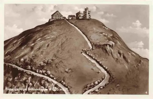 AK / Ansichtskarte Schneekoppe Snezka Riesengebirge Krkonose CZ Schneekoppe Riesengebirge Gipfel Bergweg Koppenhaeuser Unterkunft Wolken
