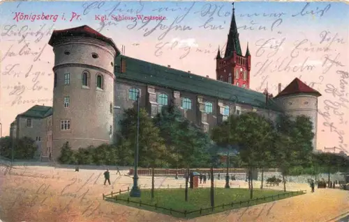 AK / Ansichtskarte Kaliningrad KoeNIGSBERG Ostpreussen RU Koenigliches-Schloss Westseite Turm Platz Laternen Handkoloriert