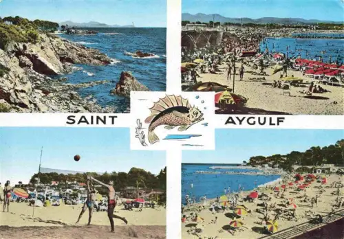 AK / Ansichtskarte Aygulf Saint-Aygulf Frejus Draguignan 83 Var Felskueste Strand Badegaeste Sonnenschirme Beachvolleyball Bruecke Meer Cote-d Azur