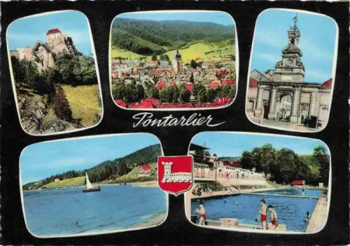 AK / Ansichtskarte Pontarlier 25 Doubs Fort-de-Joux Stadtpanorama Porte-St-Pierre Lac-de-St-Point Freibad Jura Wappen Waldlandschaft