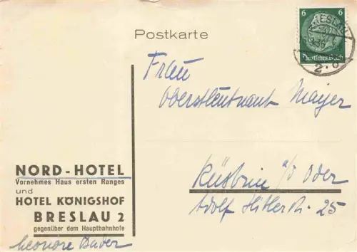 AK / Ansichtskarte Breslau WROCLAW PL Nord-Hotel Hotel-Koenigshof Hauptbahnhof Werbekarte Briefmarke Deutsches-Reich Hindenburg-Marke