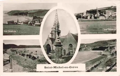 AK / Ansichtskarte Saint-Michel-en-Greve Kirche Bucht Strand Gesamtansicht Mehrbildkarte Vue-Générale La-Plage