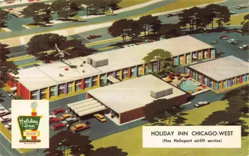 AK / Ansichtskarte CHICAGO  Illinois USA Holiday-Inn Motel Heliport Parkplatz Schwimmbad Luftbild Motelkomplex Autos