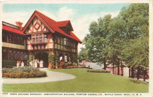 AK / Ansichtskarte Battle Creek Michigan USA Postum-Cereal-Co Verwaltungsgebaeude Eingang Fachwerkgebaeude Garten Baeume Rasen