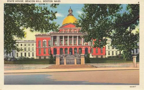 AK / Ansichtskarte Boston Massachusetts USA State-House Beacon-Hill Kuppel Treppe Saeulen Baeume Regierungsgebaeude