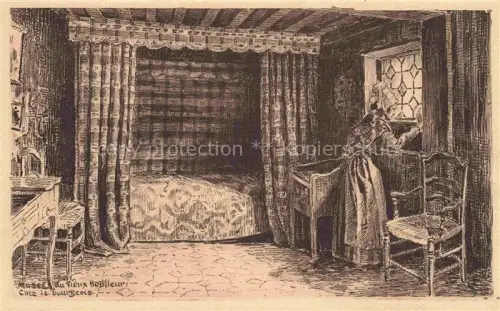 AK / Ansichtskarte HONFLEUR Lisieux 14 Calvados Musée-du-Vieux-Honfleur Chez-le-Bourgeois Schlafzimmer Himmelbett Frau Fenster Zeichnung
