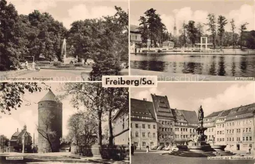 AK / Ansichtskarte FREIBERG  Sachsen Scheringerpark Springbrunnen Johannisbad Donatsturm Obermarkt Brunnendenkmal Mehrbildkarte