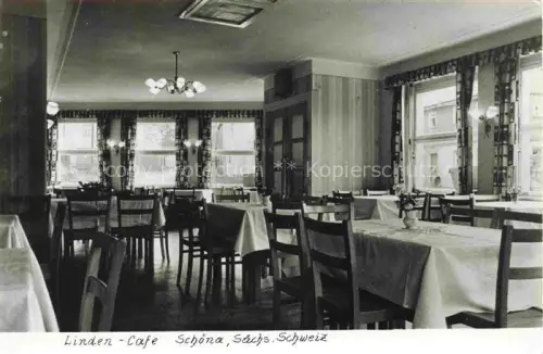 AK / Ansichtskarte Schoena Elbe Reinhardtsdorf-Schoena Sachsen Linden-Cafe Innenraum Gastraum Tische Stuehle Kronleuchter Vorhaenge