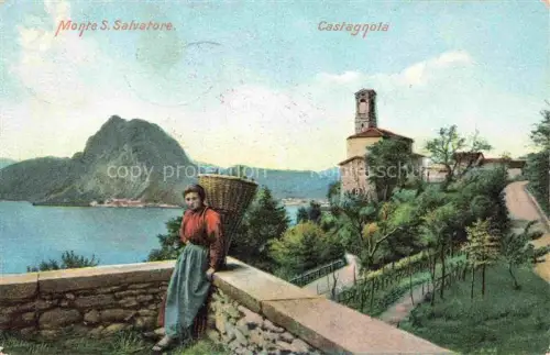 AK / Ansichtskarte Castagnola-Cassarate Monte-S.-Salvatore Castagnola Lago-di-Lugano Kirche Frau Korb Tessin-Tracht