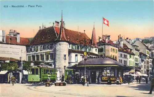 AK / Ansichtskarte Neuchatel NE Place-Pury Strassenbahn Tram Marktplatz Geschaefte Schweizer-Fahne Passanten