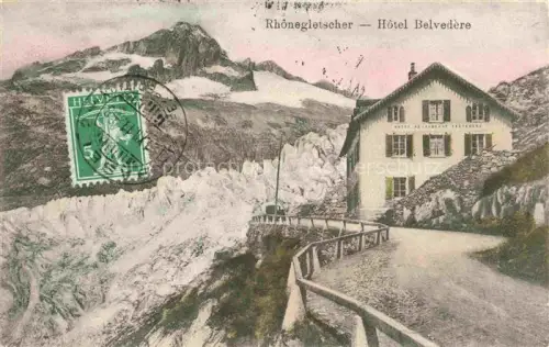 AK / Ansichtskarte Rhonegletscher Glacier du Rhone VS Rhonegletscher Hotel-Belvedere Gletscher Alpen Bergstrasse Schneeberge