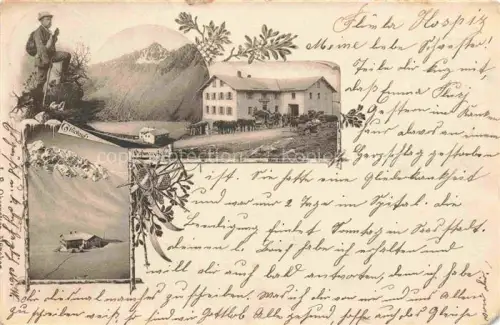 AK / Ansichtskarte Schwarzhorn Davos Flueela-Hospiz Schwarzhorn Bergsteiger Winterlandschaft Gasthof Pferde Mehrbildkarte