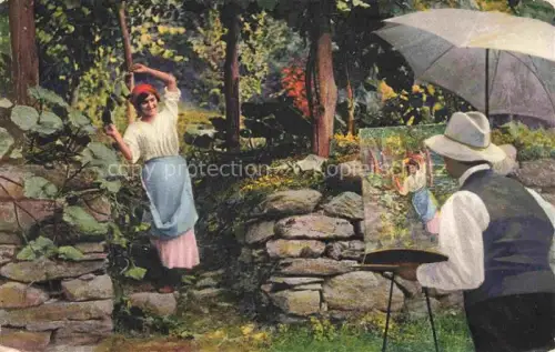AK / Ansichtskarte Ticino Tessin Region Arte-campagnola-ticinese Maler Baeuerin Garten Staffelei Tracht Baeume