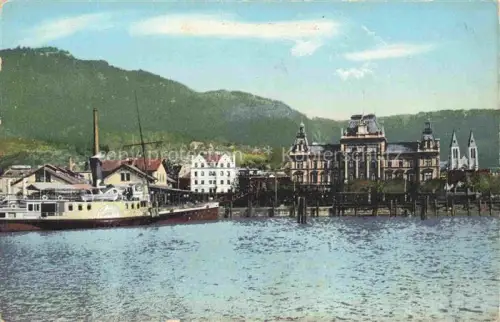AK / Ansichtskarte BREGENZ Vorarlberg Bodensee Hafen Dampfschiff Bodensee Stadtansicht Kasino Kirchturm