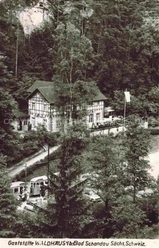 AK / Ansichtskarte Bad Schandau Saechsische Schweiz Sachsen Gaststaette Waldhaeusl Wald Strassenbahn Fachwerk Felswand Sommer