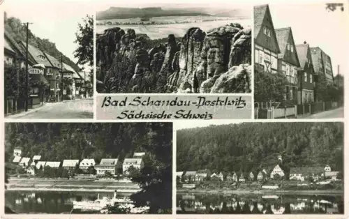 AK / Ansichtskarte Postelwitz Bad Schandau Sachsen Dorfstrasse Fachwerk Felsen Elbe Dampfer Mehrbild Haeuser Saechsische-Schweiz