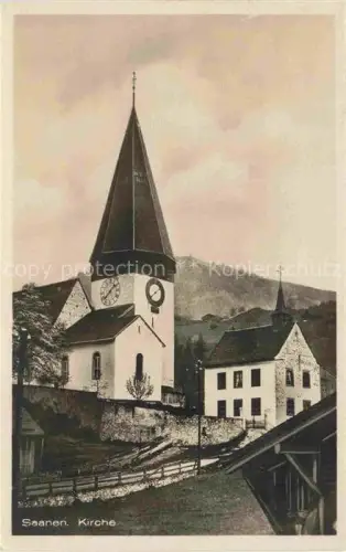 AK / Ansichtskarte Saanen BE Kirche Kirchturm Uhr Bergdorf Huegel Baeume