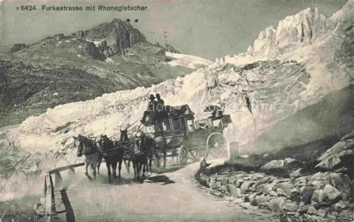 AK / Ansichtskarte Furkastrasse UR Furkastrasse Rhonegletscher Gletscher Kutsche Pferde Gebirgspass Felsen