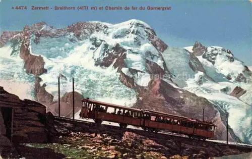 AK / Ansichtskarte ZERMATT VS Breithorn Gornergrattbahn Zug Gletscher Schnee Felsen Gebirge