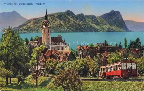 AK / Ansichtskarte Vitznau Witznau Vierwaldstaettersee LU Rigibahn Buergenstock Vierwaldstaettersee Kirche Dorf Zug Baeume