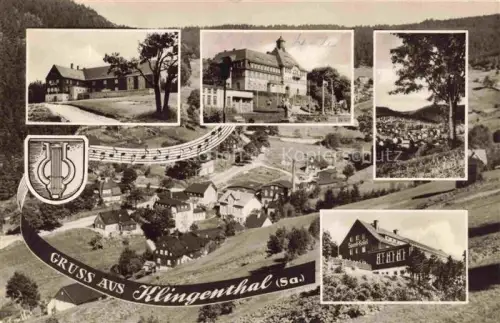 AK / Ansichtskarte Klingenthal Vogtland Sachsen Sport-Hotel Schule Panorama Wappen Leier Wald Mehrbildkarte Vogtland