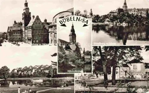 AK / Ansichtskarte Doebeln Sachsen Rathaus Nikolaikirche Schlossberg Buergergarten Stadtbad Mehrbildkarte Fluss