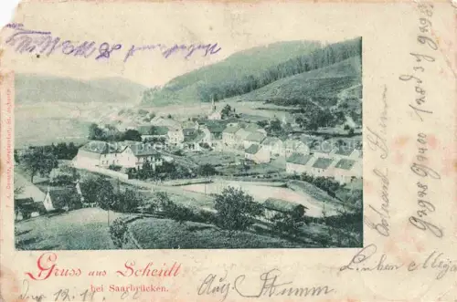 AK / Ansichtskarte Scheidt Saarbruecken Saarland Gruss-aus Lithographie Panorama Dorf Kirche Huegel Dumont