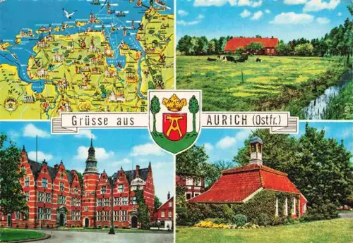 AK / Ansichtskarte Aurich Ostfriesland Landkarte Bauernhof Weide Rathaus Kapelle Garten Mehrbildkarte Wappen Ostfriesland