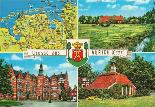 AK / Ansichtskarte Aurich Ostfriesland Landkarte Bauernhof Weide Rathaus Kapelle Garten Mehrbildkarte Wappen Ostfriesland
