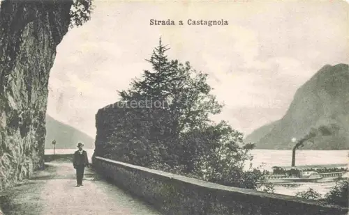 AK / Ansichtskarte Castagnola Lago di Lugano Strada-a-Castagnola Seestrasse Luganer-See Dampfschiff Berge Passant