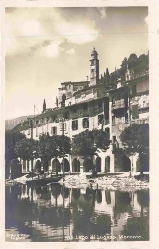 AK / Ansichtskarte Morcote Lago di Lugano TI Lago-di-Lugano Uferpromenade Arkaden Kirchturm Boot Spiegelung
