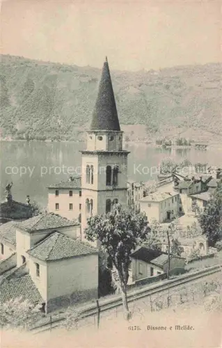 AK / Ansichtskarte Bissone Lago di Lugano TI Lago-di-Lugano Kirchturm Dorf Melide See Berge Haeuser
