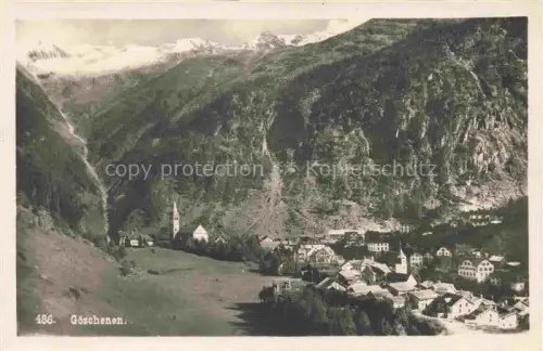 AK / Ansichtskarte Goeschenen Goeschenen UR Dorf Kirche Alpental Gotthard Berge Wiesen Reuss