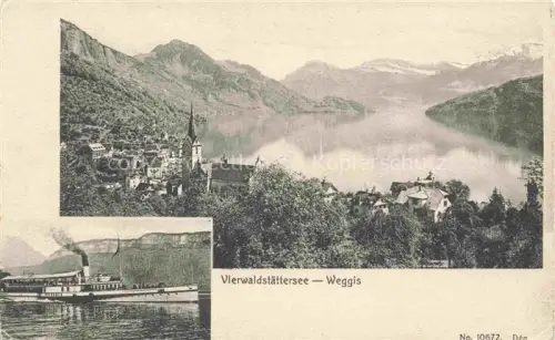 AK / Ansichtskarte Weggis Vierwaldstaettersee LU Vierwaldstaettersee See Kirche Dampfschiff Bergpanorama Dorf Schneeberge