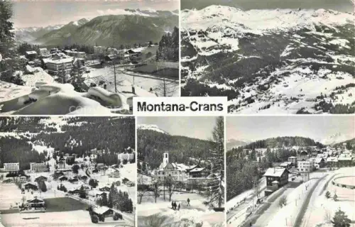 AK / Ansichtskarte CRANS-MONTANA VS Skigebiet Winterlandschaft Dorf Schnee Kirche Hotel Wald Bergpanorama