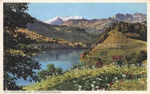 AK / Ansichtskarte Lungern Obwalden OW Lungernsee Wetterhorngruppe See Alpen Berge Wiesen Blumen Bauernhaus Wald